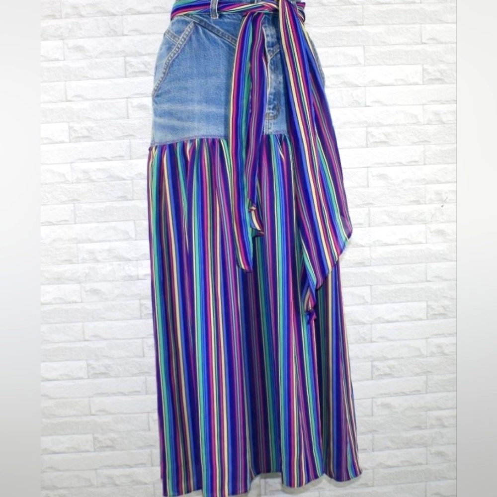 HAND CRAFTED Skirt Denim Upycled Stripe Fabric Maxi Cowgirl Blue Jean Size 8